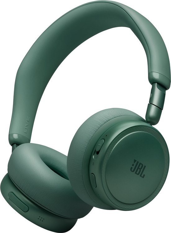 Groene JBL over-ear koptelefoon met oorkussens en verstelbare hoofdband.