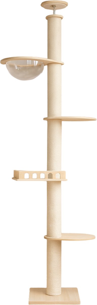 EcoPawPaw - Plafond Kattenboom - Zonder Boren - Milieuvriendelijk Hout & Sisal - 2,4-2,8m Verstelbaar - Met Hangmat