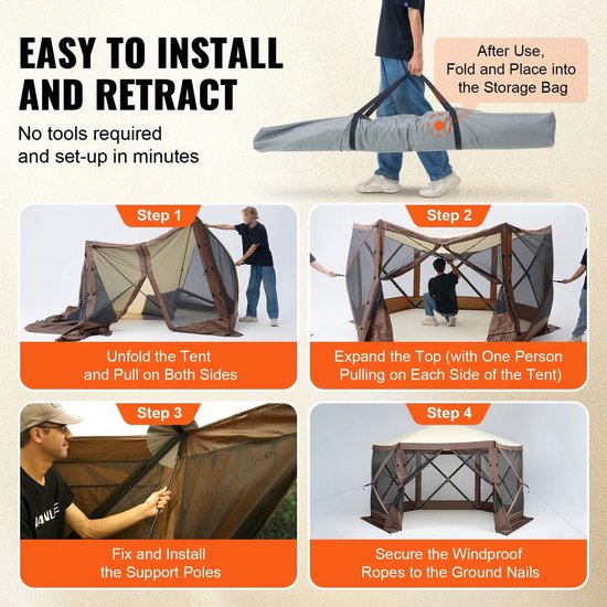 Linkforu - Pop-up Tent - Camping - Tuin - 6 Hoekige Luifel - Zonnescherm met 6 Verwijderbare Winddoeken en Mesh-ramen - Zon en Waterbestendig - 6 Persoons van Merkloos — afbeelding 4