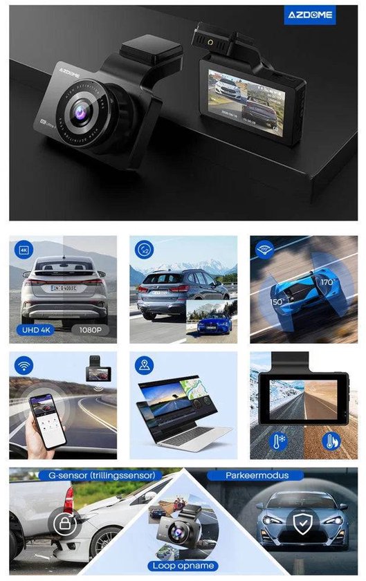 Montage van AZDome dashcam-afbeeldingen: hoofdunit, detailopnames auto's, snelweg, telefoon met app, temperatuur.