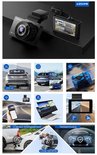 Montage van AZDome dashcam-afbeeldingen: hoofdunit, detailopnames auto's, snelweg, telefoon met app, temperatuur.