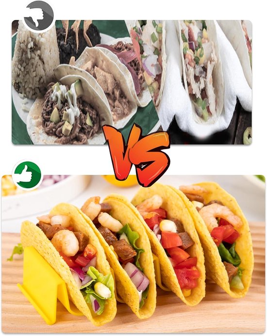 Vergelijking van tacohouders: boven met slechte taco's en onder met een gele houder met goede taco's.
