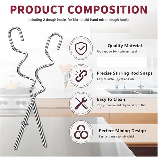 Deeghaak Set - Mixer Accessoires - Deeg Mengen - Roestvrij Staal - 2 Stuks - Zilver van Merkloos — afbeelding 5