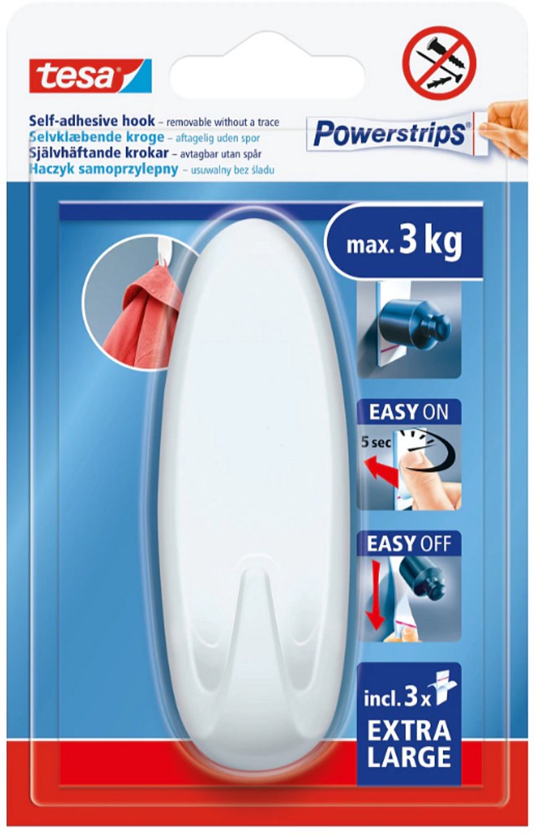 Tesa - Grote Ovale Zelfklevende Haak - Wit - 3 kg
