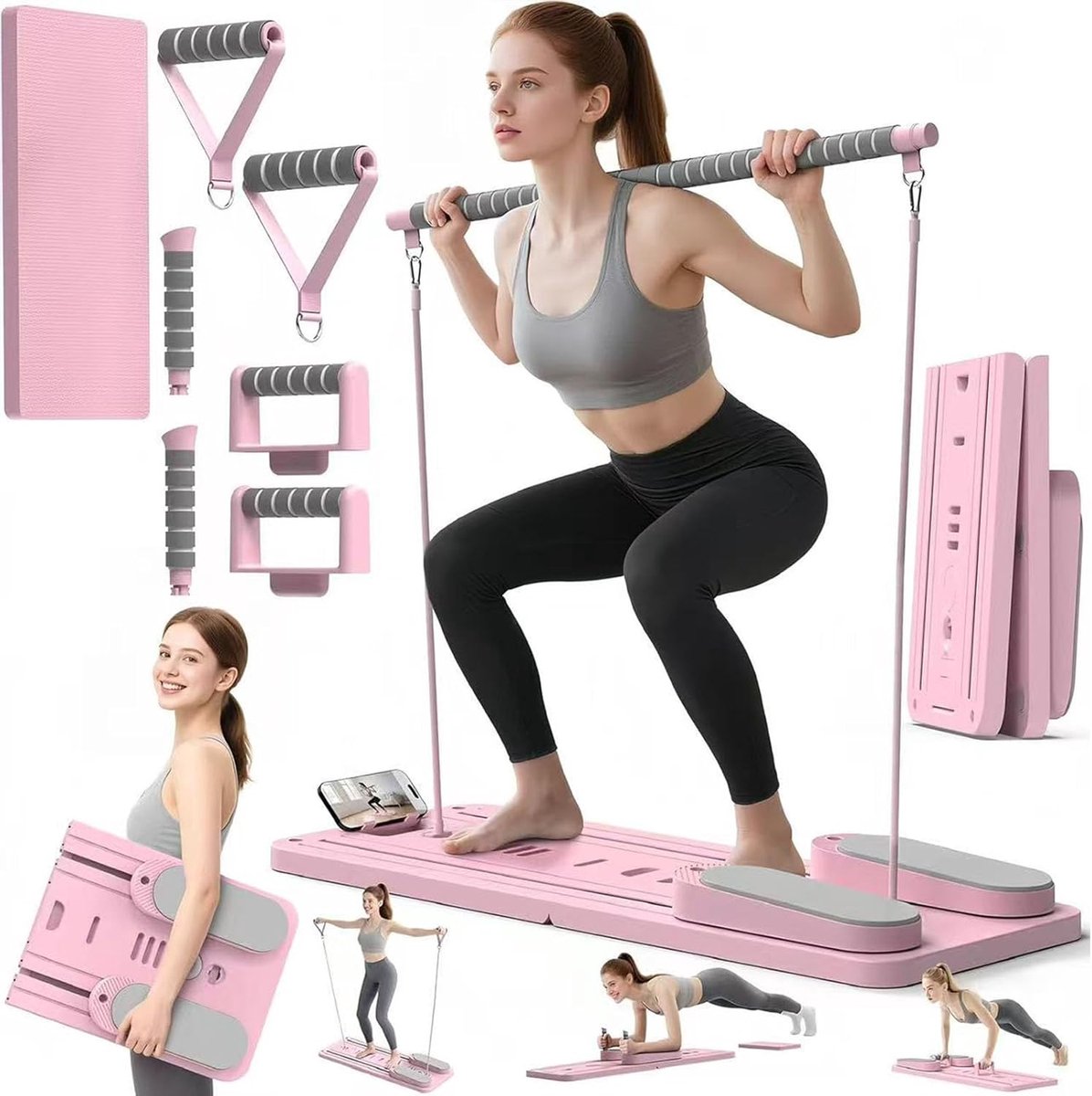 Pilates Board Set - Fitness Apparatuur - Thuis Workout - 9-in-1 Multifunctioneel - 42 x 16 inch - Roze