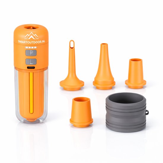 Pompe à air électrique orange avec cylindre transparent et embout pliable gris. Comprend quatre embouts orange.