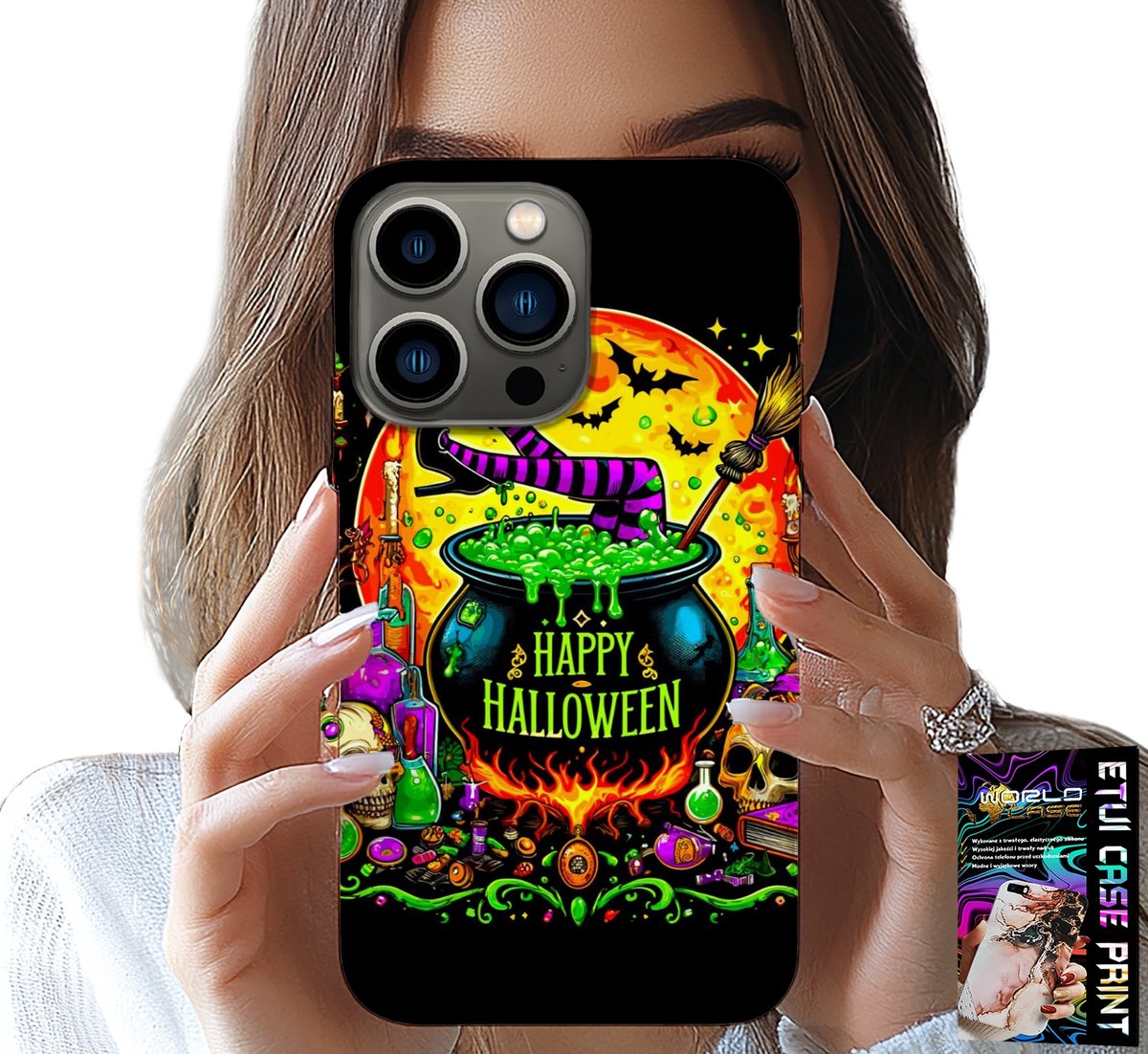 iPhone 14 Pro hoesje - Heksenketel en toverstaf Halloween glas