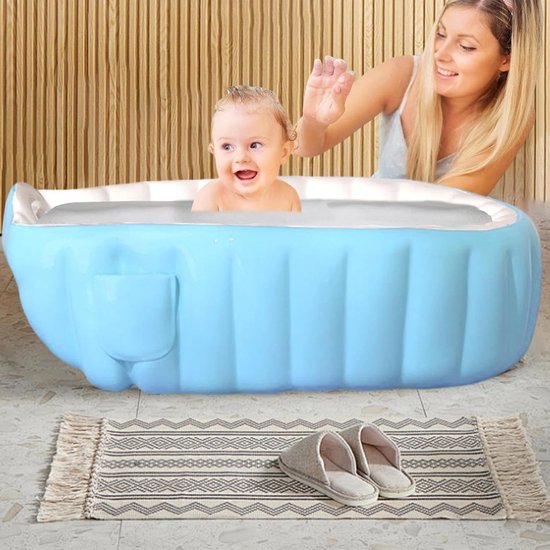 Opblaasbaar Babybad - Peuterbad Douche - Veilig Baden - Inclusief Voetpomp - 98x64x28cm - Blauw — afbeelding 4