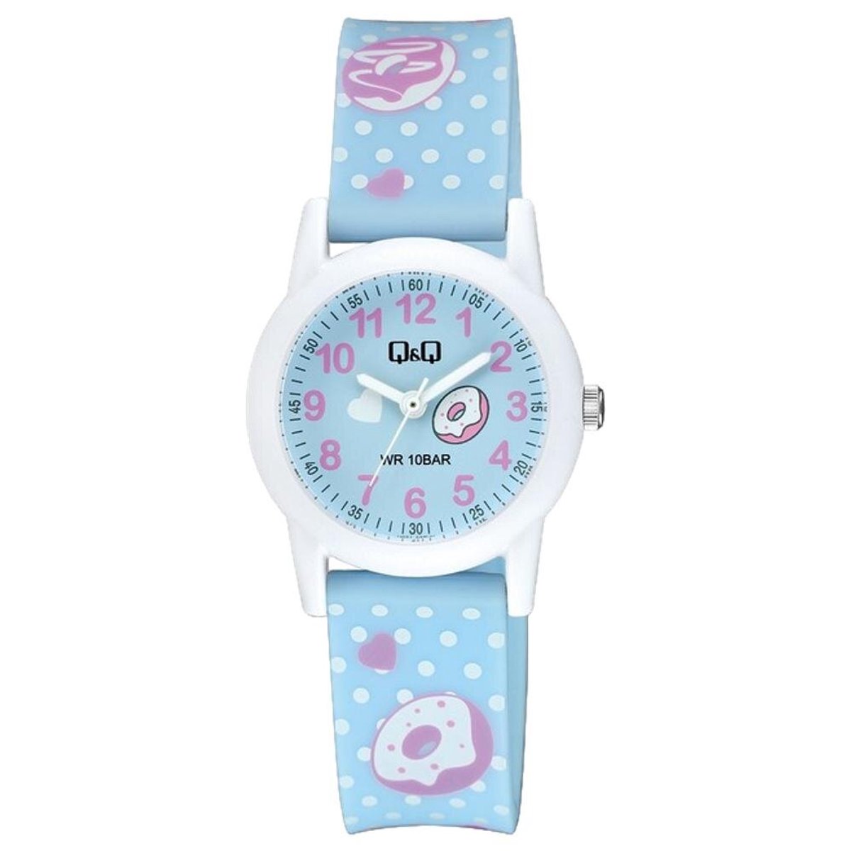 QQ V22A-002VY - Horloge - Polshorloge - Sport - Analoog - Kinderen - Unisex - Plastic band - Rond - Kunststof - Cijfers - Stippen - Donuts - LichtBlauw - Wit - Roze - 10 ATM