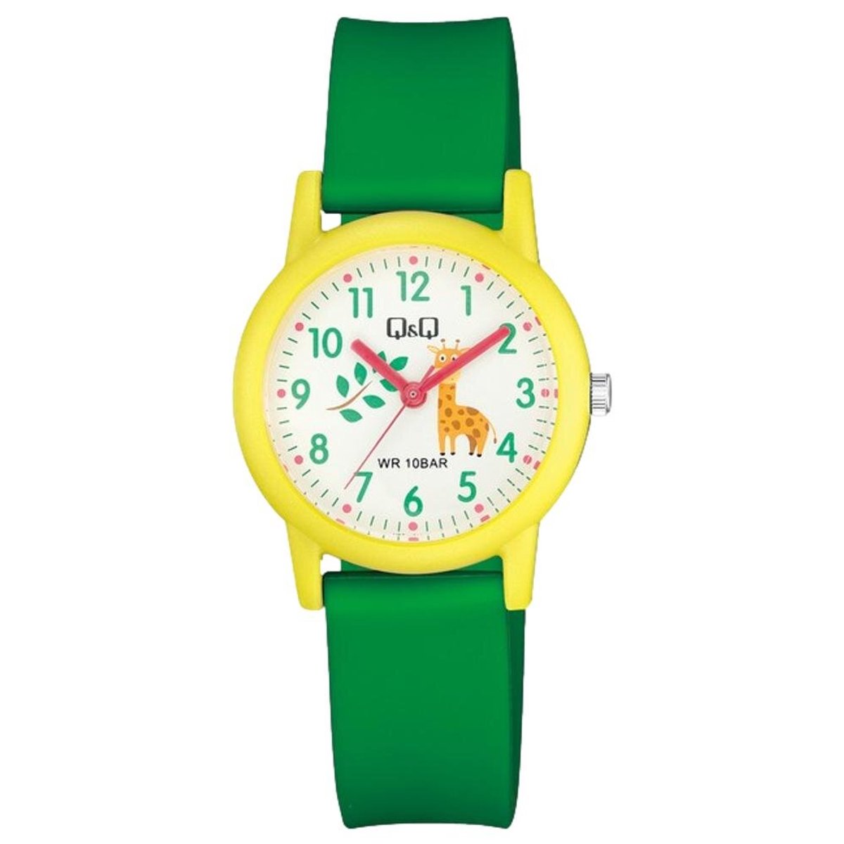 QQ V23A-010VY - Horloge - Polshorloges - Analoog - Kinderen - Unisex - Plastic band - Rond - Kunststof - Cijfers - Giraffe - Geel - DonkerGroen - Wit - 10 ATM
