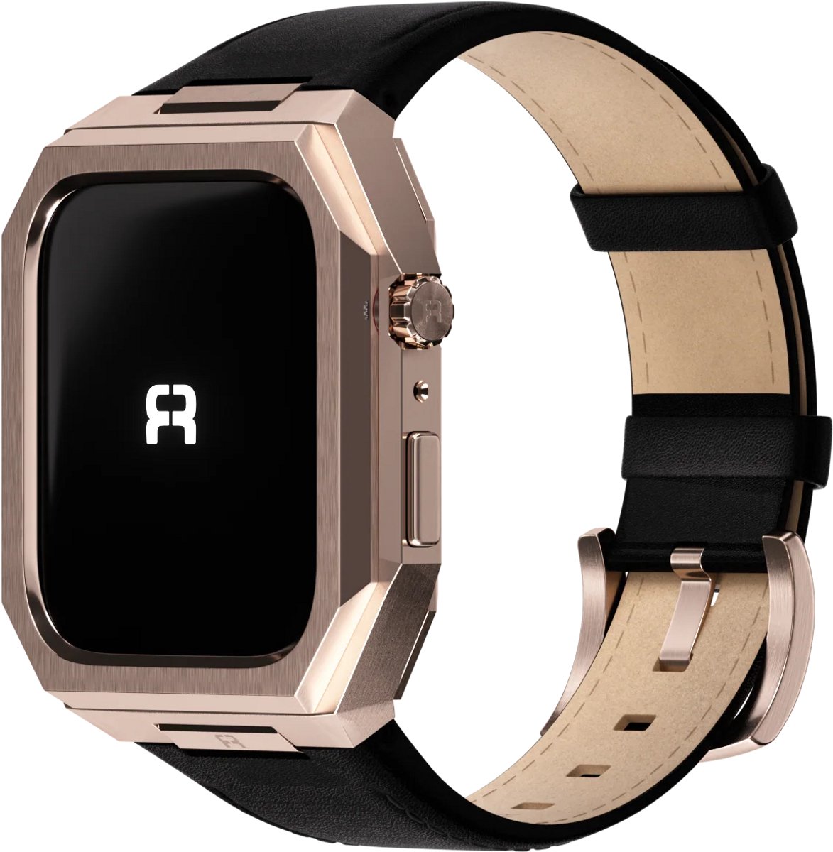 Reqior beschermhoesje met bandje Metaal & Leer – geschikt voor Apple Watch 7 45mm/Apple Watch 8 45mm/Apple Watch 9 45mm – premium design, stevig, comfortabel – Roségoud & Zwart