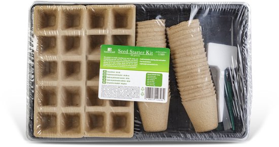 Een verpakte zaadstarter kit met een bak, 12 potjes, 12 kweekpotjes en zaaitools.