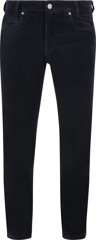Een donkerblauwe corduroy broek met verticale ribbels en een ritssluiting.