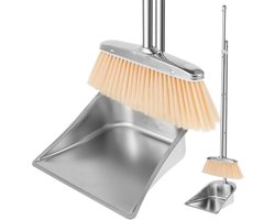 Stoffer en Blik met Lange Steel - Verstelbaar 114cm - Veger en Blik - Roestvrij Staal - Stoffer en Blik Lange Steel - Bezemhouder - Bezem Binnen - Geschikt voor Woningen, Kantoren, Studentenkamers - Zilver
