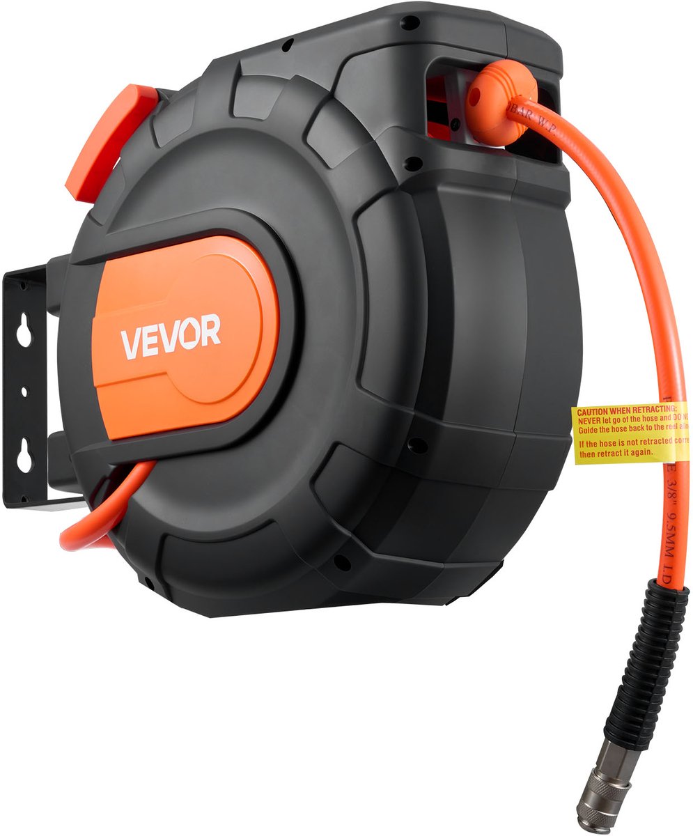 VEVOR Persluchtslanghaspel, 9,5 mm X 15 M Pvc-Slang, 20 Bar, Gesloten Slanghaspel met Automatische Oprolfunctie en 1 M Toevoerkabel, 180° Draaibare Plafond-/Wandbeugel