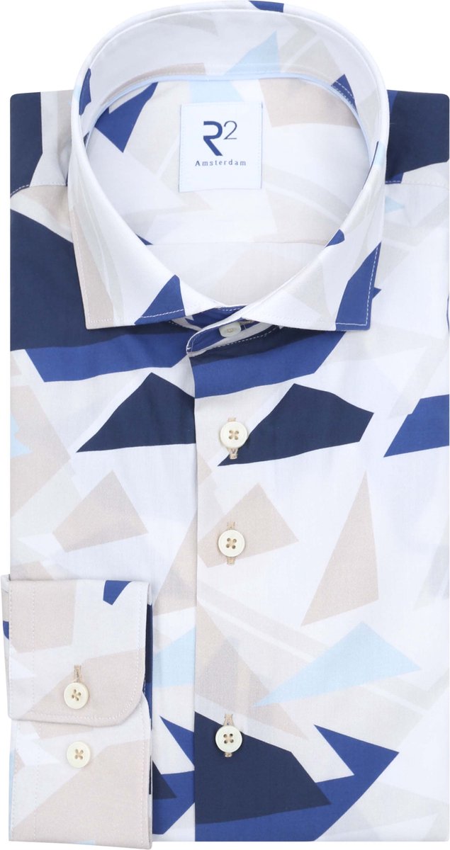 R2 Overhemd Geometrical Print Blauw - Maat 45 - Heren - Overhemden Formeel