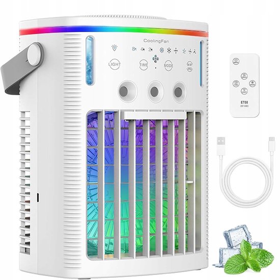 4-in-1 draagbare luchtkoeler aircooler met luchtbevochtiger, ventilator, 3 snelheden, vernevelaar, nachtlampje
