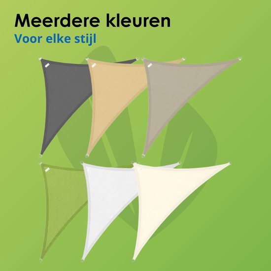 Collectie van zes driehoekige schaduwdoeken in verschillende kleuren: antraciet, beige, taupe, groen, wit en crème.