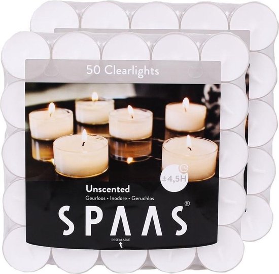 100x Clearlights witte theelichtjes/waxinelichtjes 4,5 branduren in hersluitbare verpakking - Geurloze kaarsen