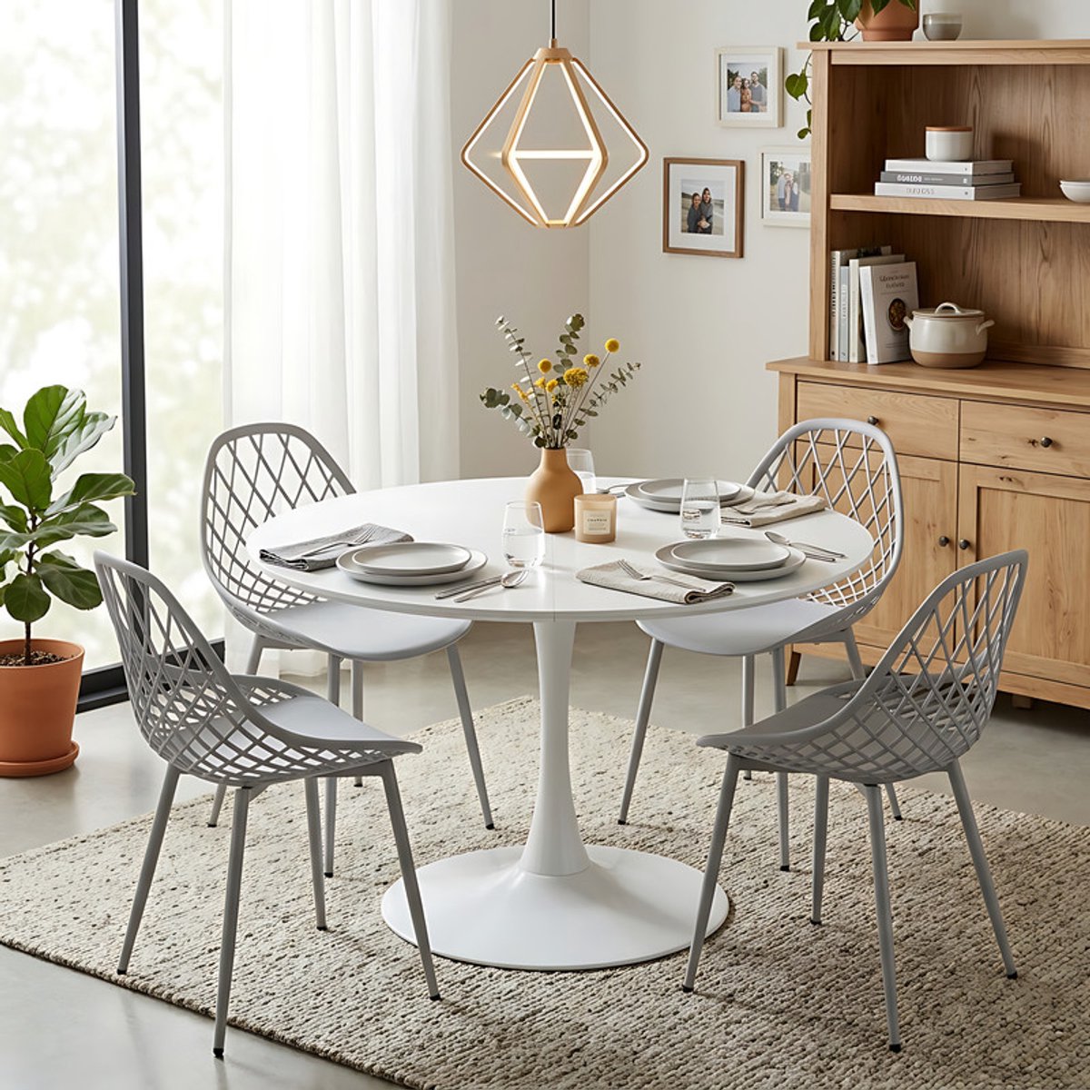 EGGREE eettafel en stoelen - 4 grijze eetkamerstoelen - tafel Ø 120 cm - voor bar - café en eetkamer