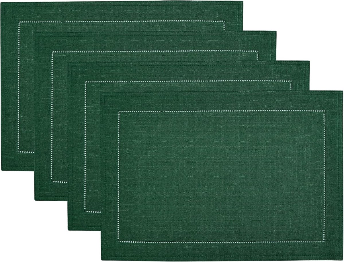 Set van 4 donkergroene placemats, polyester met hemstitch rand, 33 x 48 cm