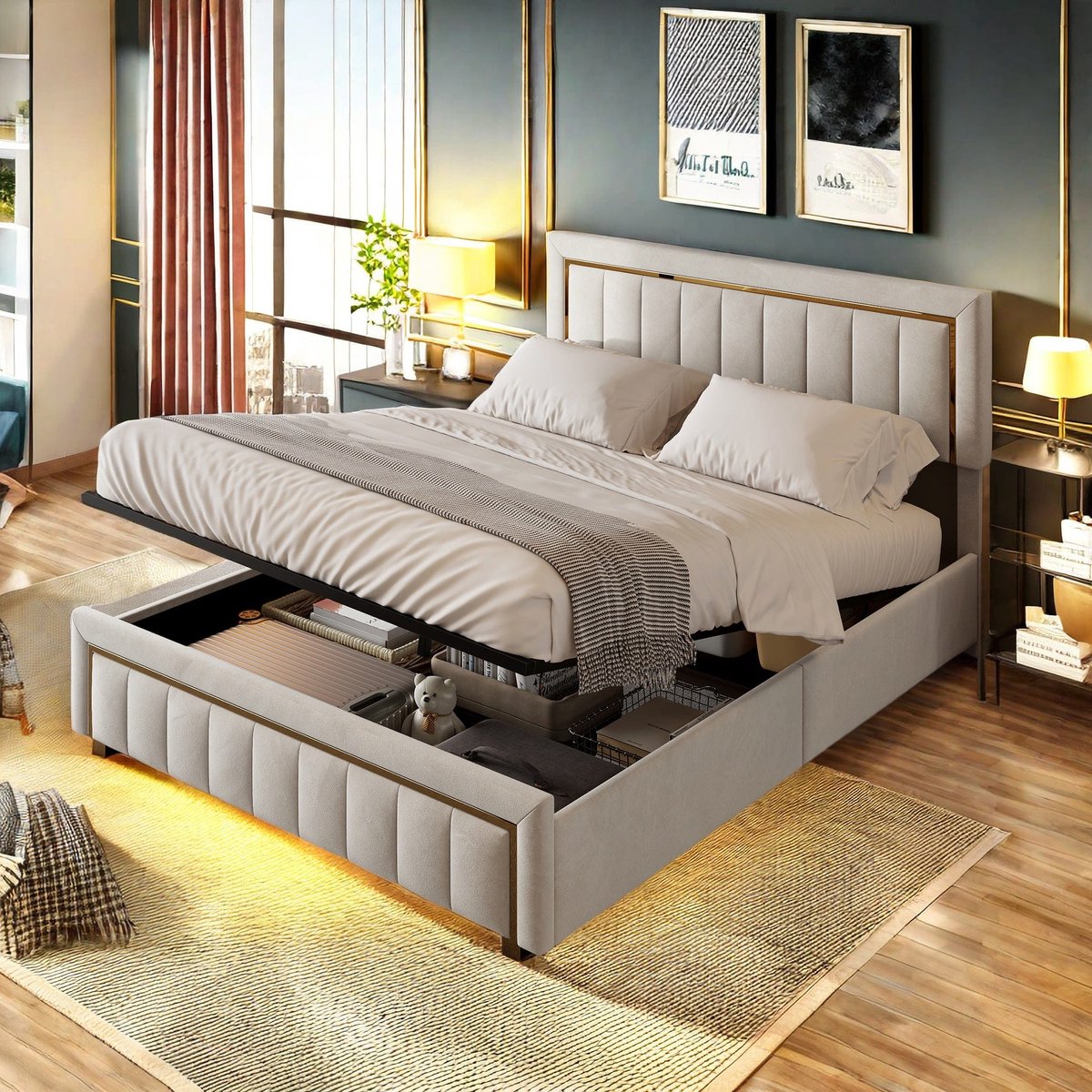 Tweepersoonsbed – Bed – Opbergbed – Slaapbank – Logeerbed – Velvet Bekleding – Hydraulisch Hefmechanisme – 160x200 cm – Met Opbergruimte – Gouden Accenten