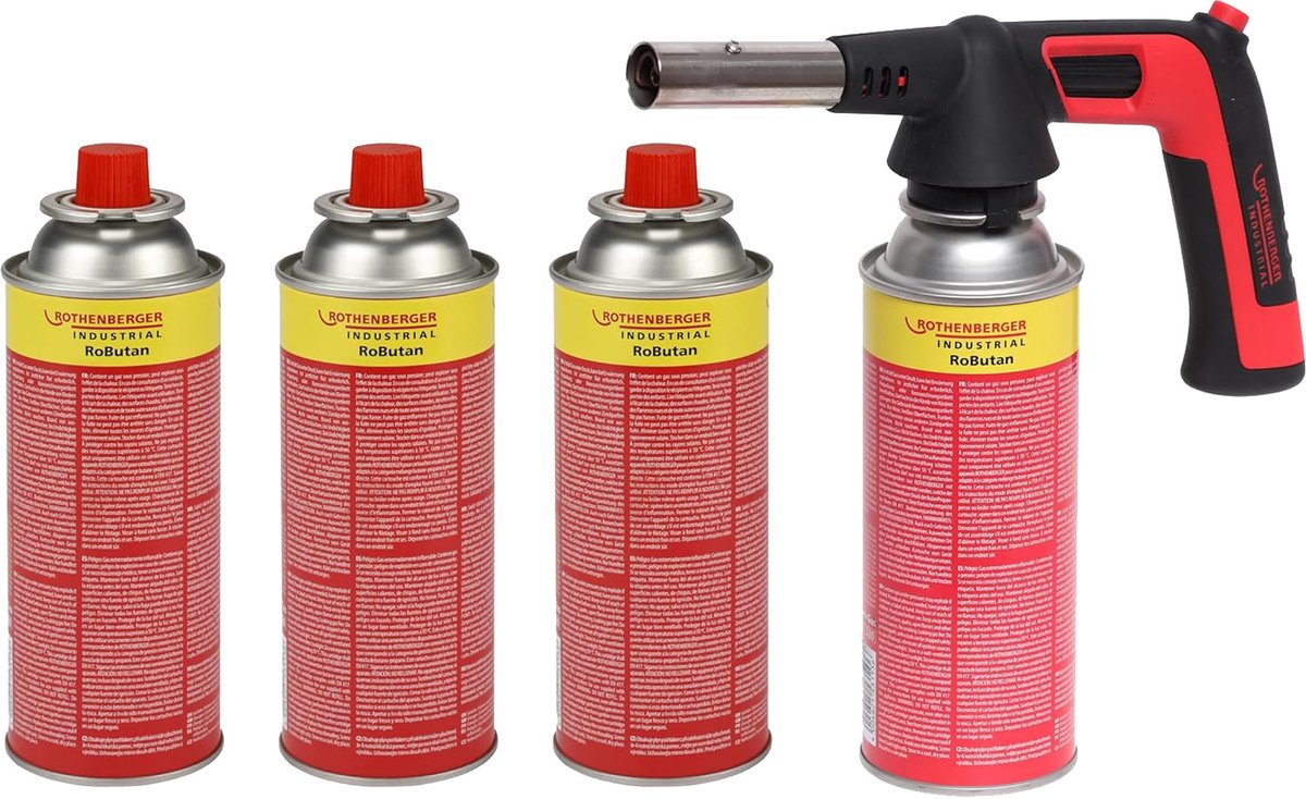 ROTHENBERGER Industrial RS 220 Branderopzetstuk incl. 4 x RoButaan 220g Piëzo 180-360 °C Rotatie/Bovenhoofd Soldeerbrander Gasbrander - 1500005151