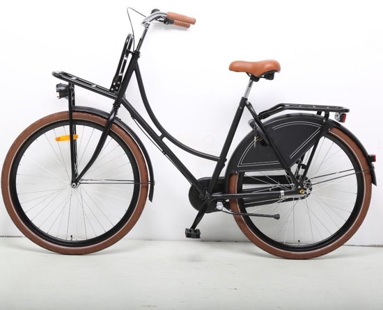Zwarte dames transportfiets met bruine zitting en banden.