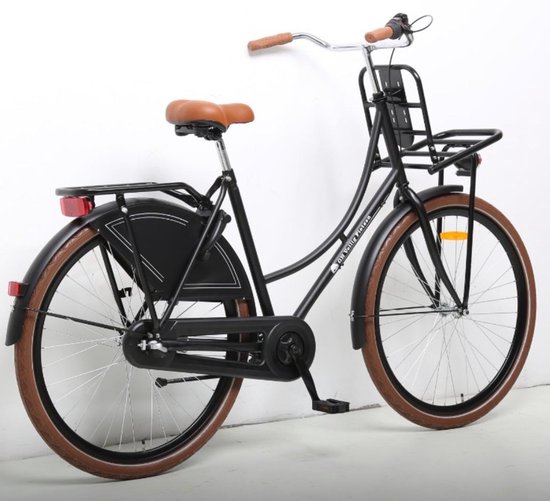 Zwarte dames transportfiets met bruine zitting en bruine banden.