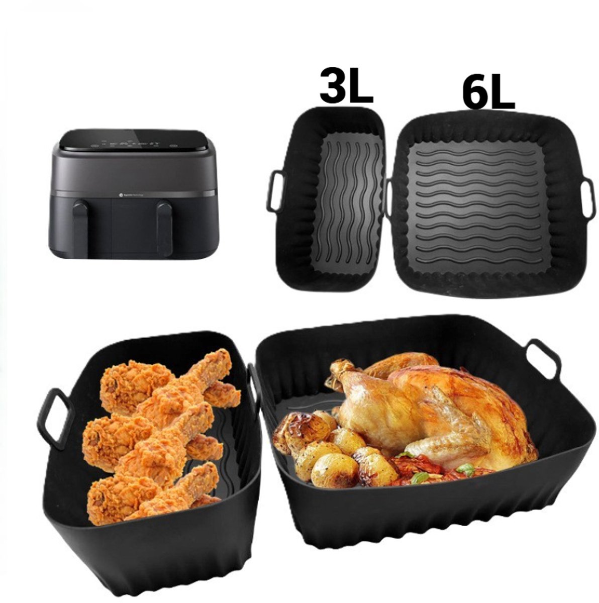 2 Delige Airfryer Bakjes – Siliconen 6L en 3L - Airfryer accessoires - Airfryer mandje - Geschikt voor Philips Dual Basket Airfryer - 5000 - 3000 series - LOUZIR