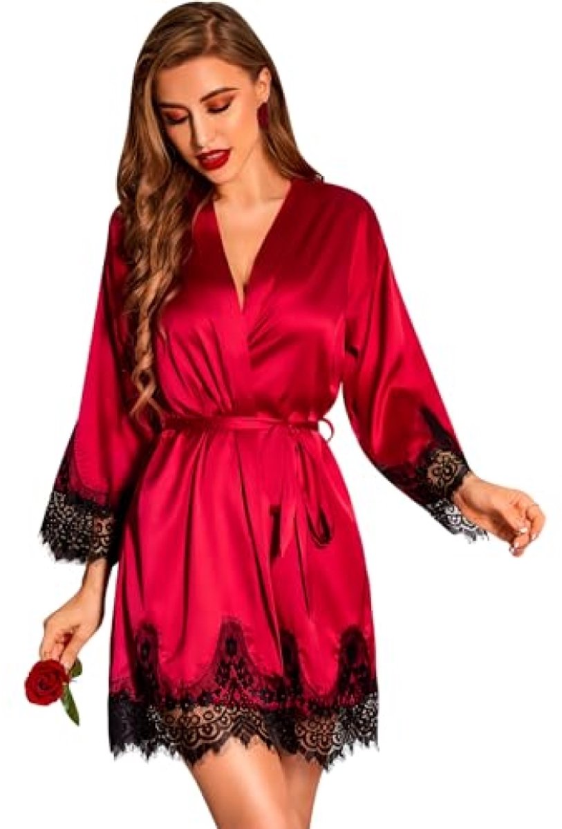 Dames satijnen kimono badjas met kant - Elegante ochtendjas in dieprood