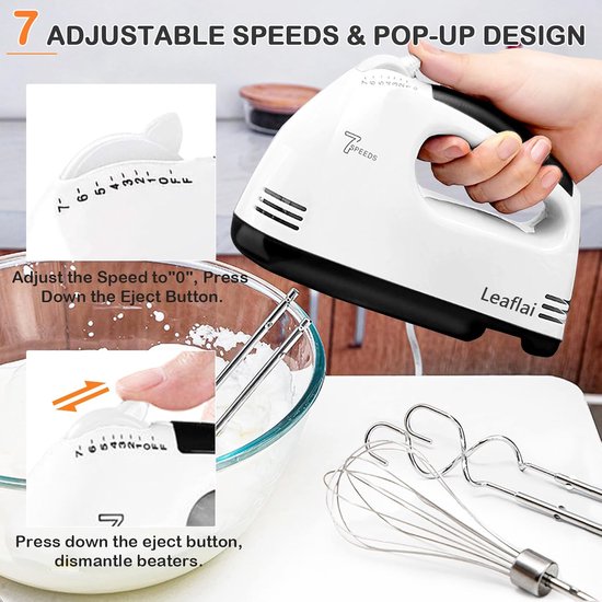 Elektrische Handmixer - Keukenmixer Gardes - Snel Beslag Maken - Turbo Boost Functie - 7 Snelheden - Wit van Merkloos — afbeelding 3