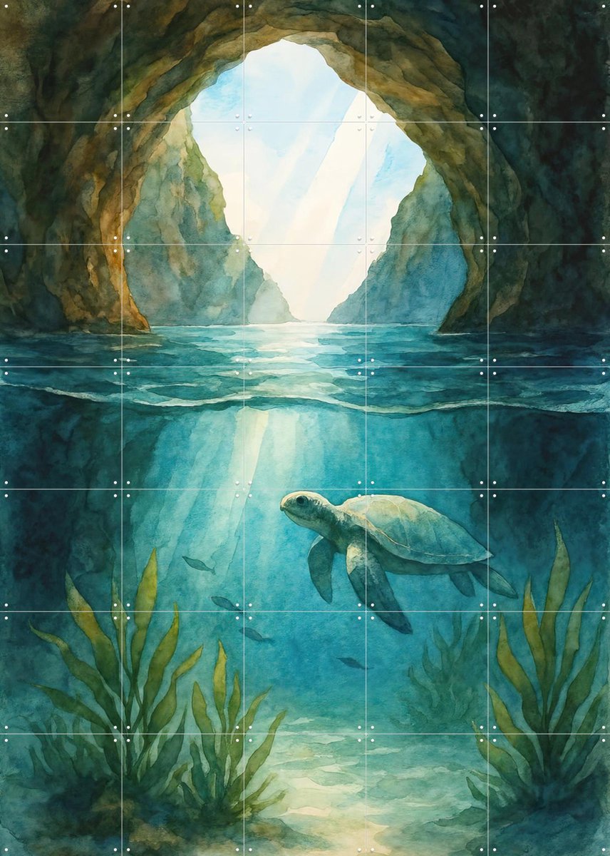 IXXI Zeeschildpad Onder Water in Verborgen Grot, Natalie Bruns - 100 x 140 cm - Gratis ophangtool - Grote wanddecoratie en posters - Realisme