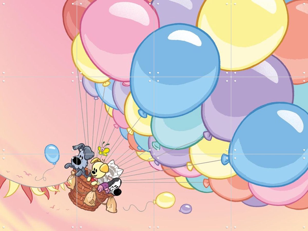 IXXI Woezel & Pip in de Luchtballon, Woezel & Pip & Van Hoorne Studios - 80 x 60 cm - Gratis ophangtool - Grote wanddecoratie en posters -