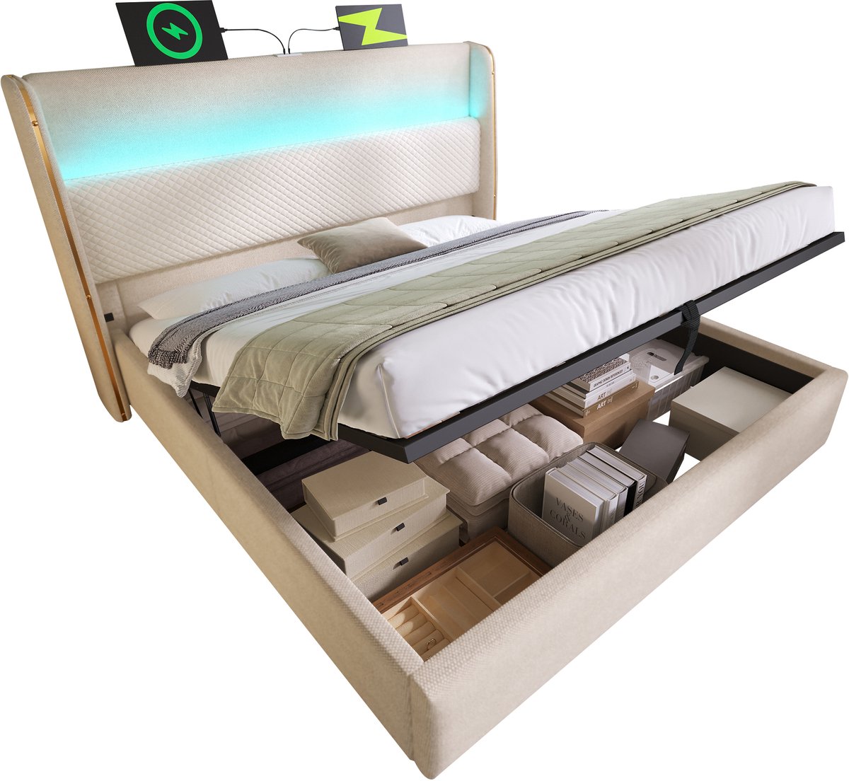 Wishdor Hydraulisch Bed 140x200 cm – Hoog Hoofdbord & LED – USB‑C – Opbergruimte – Matras inbegrepen – Linnenlook Beige
