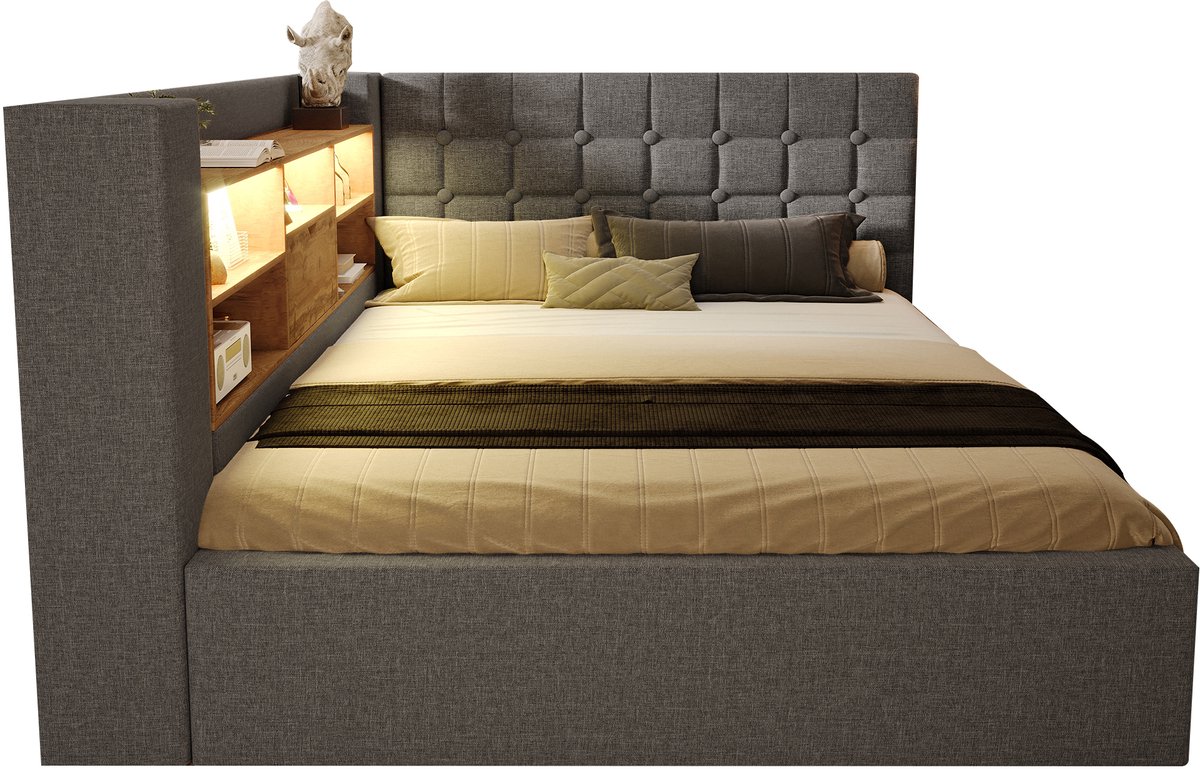 Wishdor Gestoffeerd Bed 140 x 200 cm – Omkeerbaar L-Vormig Hoofdbord – LED met 60.000 Kleuren en Muziekmodus – 4 Laadpoorten – Hydraulisch Opbergvak – Geschikt voor Design-Slaapkamer – Linnen, Metaal en Hout – Grijs