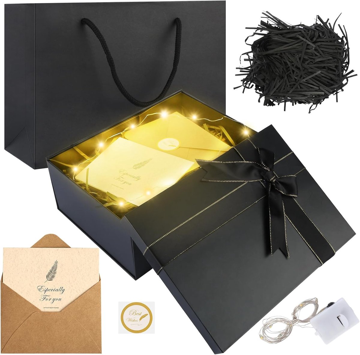 Zwarte opvouwbare geschenkdoos met deksel - Verjaardag cadeauverpakking met strik en wenskaart - Geschenkset met lichtketting, bast en draagtas - Bruiloft, verjaardag .