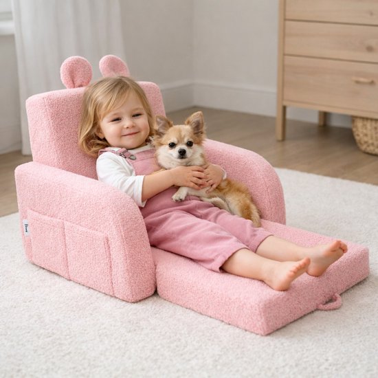 Flumi - 2 in 1 Uitschuifbare Kinderfauteuil - Schuimconstructie - Afneembare Wasbare Hoes - Teddy Stof - Met Zijvakken - Roze van Merkloos — afbeelding 4