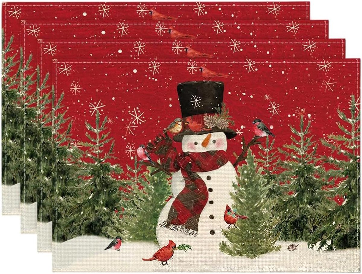 Set van 4 Kerstplacemats 30 x 45 cm - Winterse Tafelsier van Linnen, Wasbaar