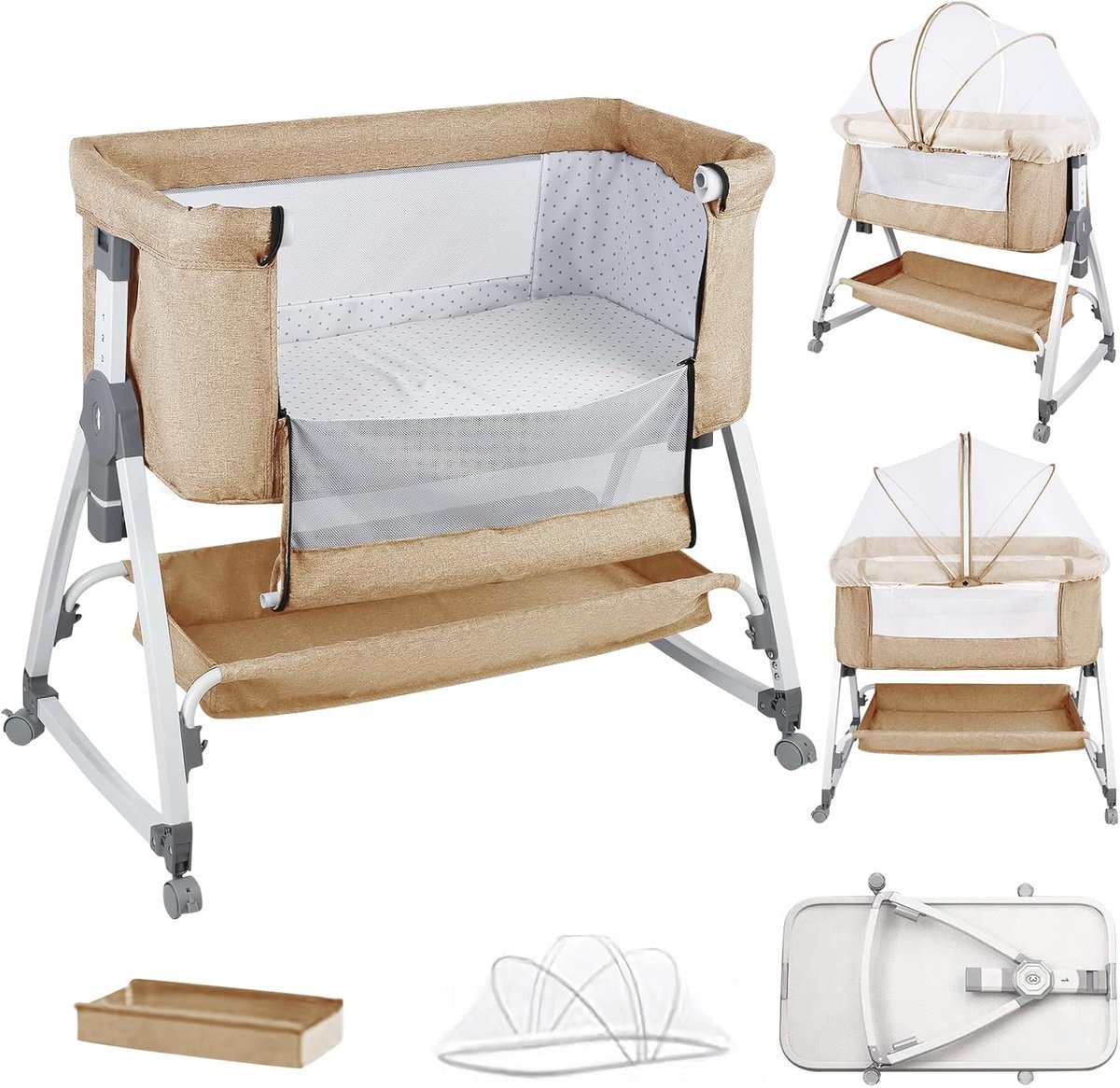 3-in-1 Babywieg Bevestigbaar aan Bed - Verstelbaar in Hoogte & Schommelstand - Wieg met Wieltjes