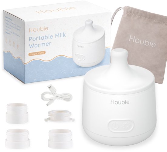 HOUBIE® Baby - Flessenwarmer onderweg - Draagbare flessenwarmer - Flessenwarmer draadloos - 4 Temperatuurniveaus - Draadloos - Inclusief 4 Adapters - USB Oplaadbaar - 9000 mAh - Wit