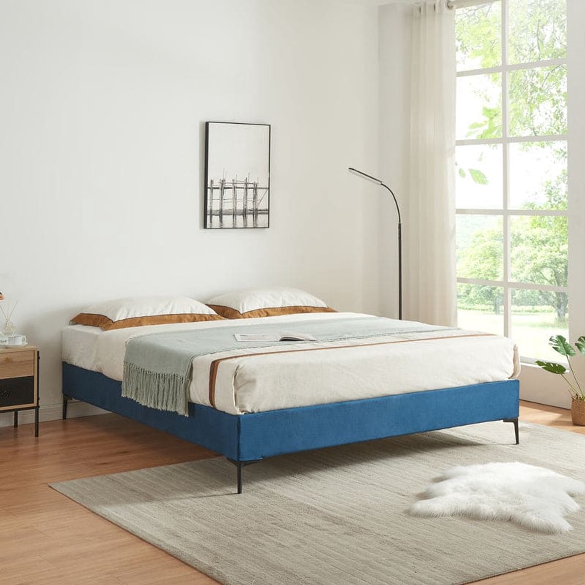 Tweepersoonsbed – Bedframe – Opbergbed – Gestoffeerd Bed – Slaapbank – 140x200 cm – Stevig Plywood Frame – Afneembare Blauwe Polyester Bekleding