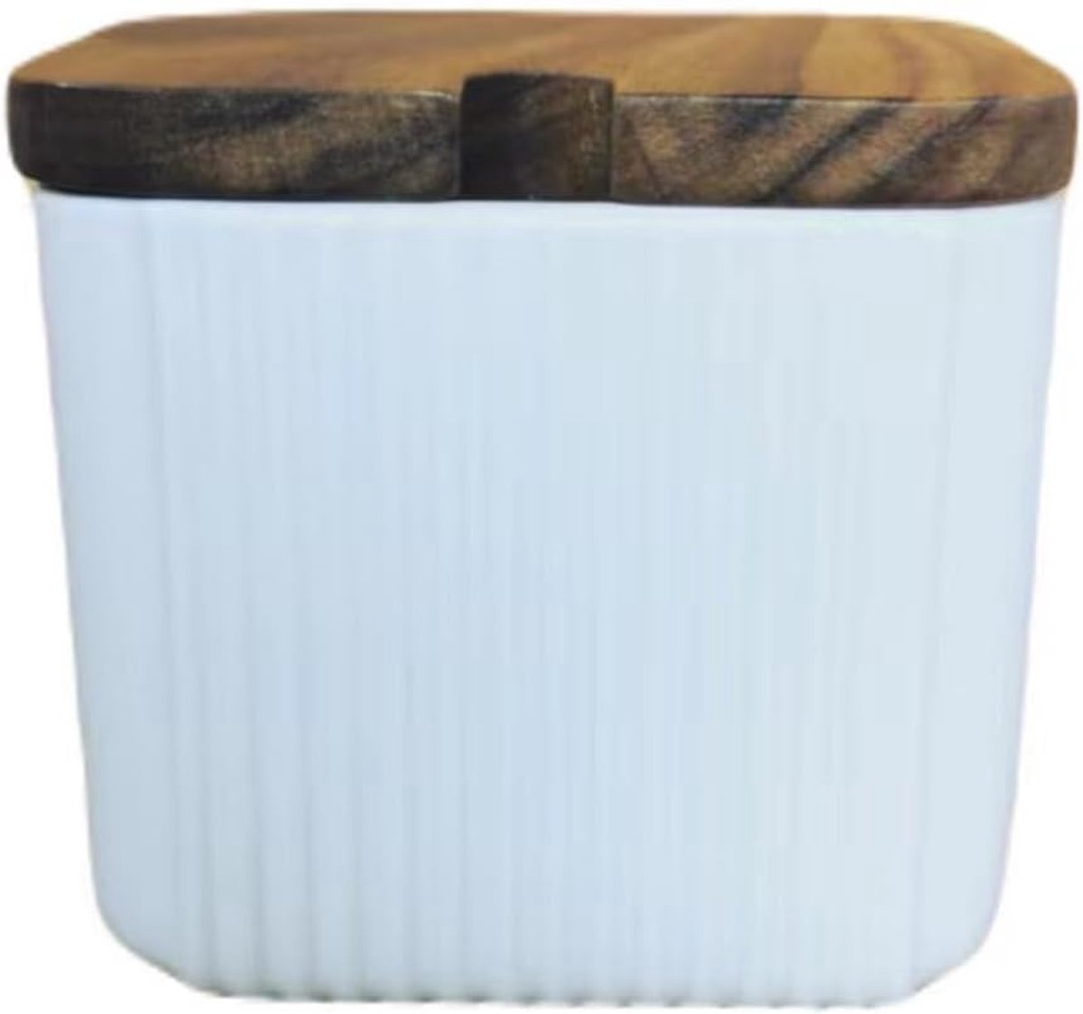 Keramische kruidenbus vierkant met lepel en houten deksel blauw