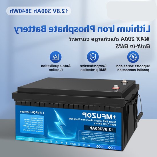 12,8V 300Ah LiFePO4 Lithium Accu 3840Wh met 200A BMS, Veilig, Compact voor Camper, Boot, Thuisbatterij
