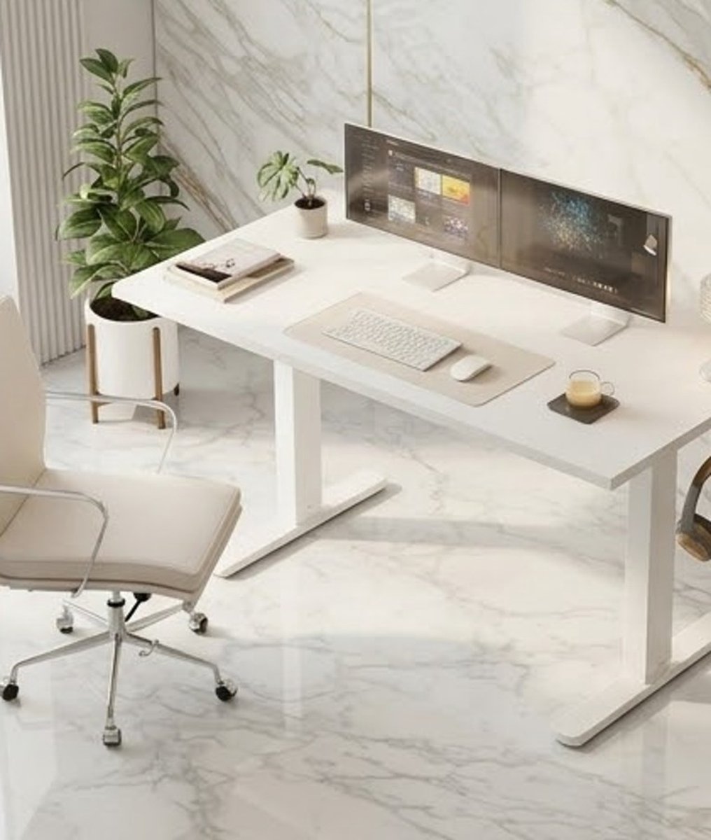 Elektrisch Zit-Sta Bureau 120x60 cm met behuizingsfunctie, kabelmanagement & haken - Ergonomisch In Hoogte Verstelbaar Bureau voor Thuiswerk & Kantoor - Wit | Casa Serena – Casa Dorada