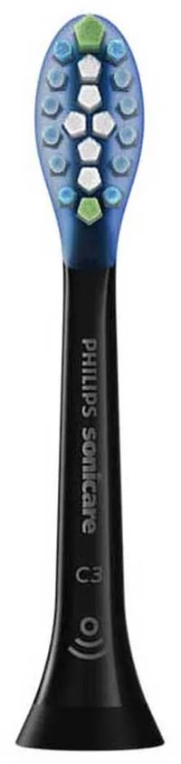 Zwarte Philips Sonicare C3 opzetborstel met blauwe, witte en groene borstelharen.