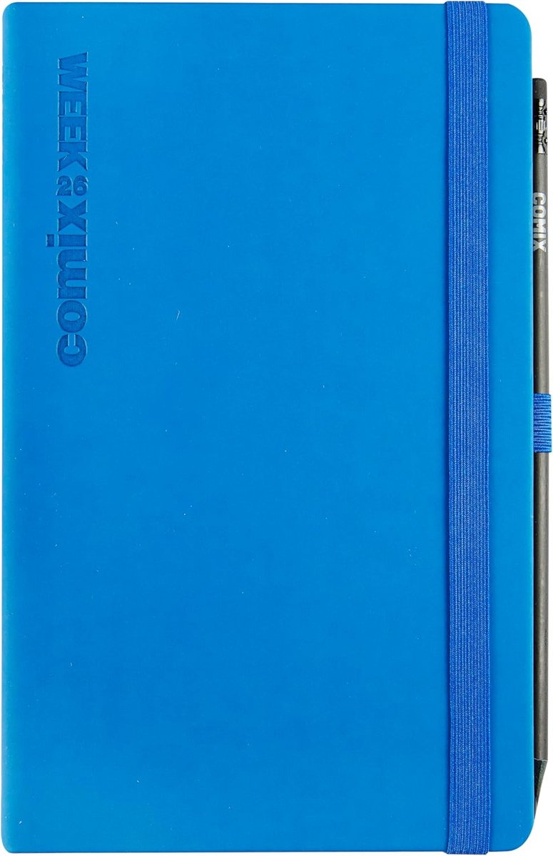 Weekkalender 2026 - 12 maanden - 13x21 cm - blauw - met elastische sluiting en potlood