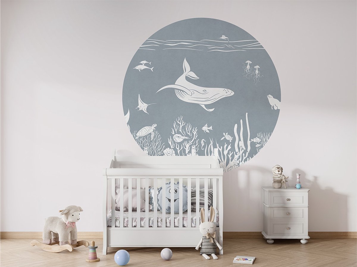 Muursticker - Behangcirkel - Kinderkamer - Decoratie rond - muurdecoratie - ø 80 cm - Onderwaterwereld - Blauw - Monochrome Sea Blue