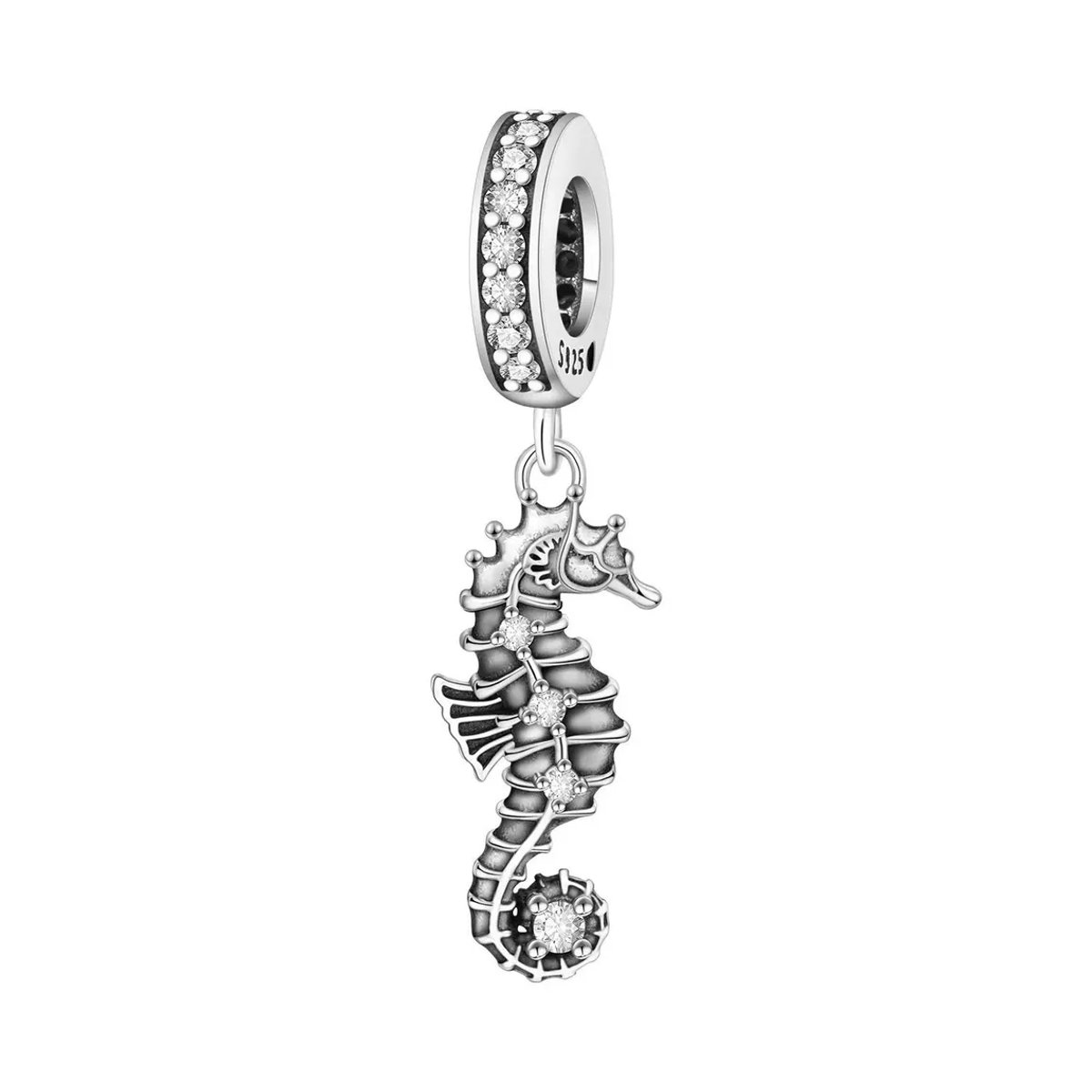 Fler® | Bedel | Past op populaire bedelarmbanden (standaard - 3mm) | Zeepaardje Bedel | Hangbedel Charm | 925 sterling zilver | Transparante zirkonia | Zwarte emaille | Armband Kraal | Valentijnsdag Cadeau | Sinterklaas kado | Kerstcadeau |Verjaardag