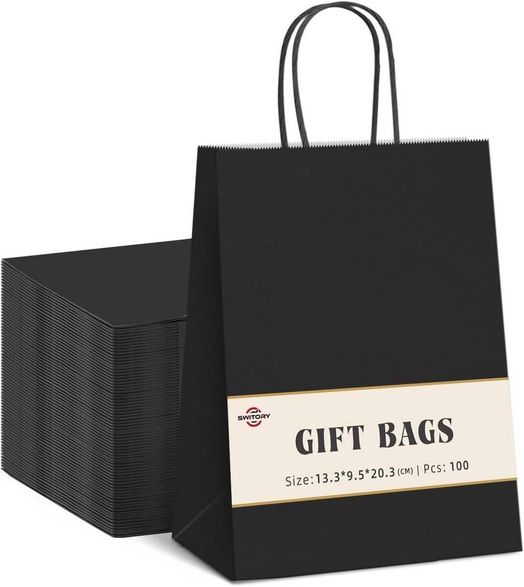 Set van 100 Zwarte Kraft Papieren Zakken met Handvatten 13x10x20 cm